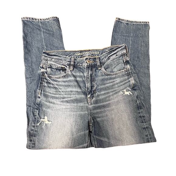American Eagle AE Blue Denim Jean Straight Regular Destructed Distressed Size 4 - Picture 10 of 10